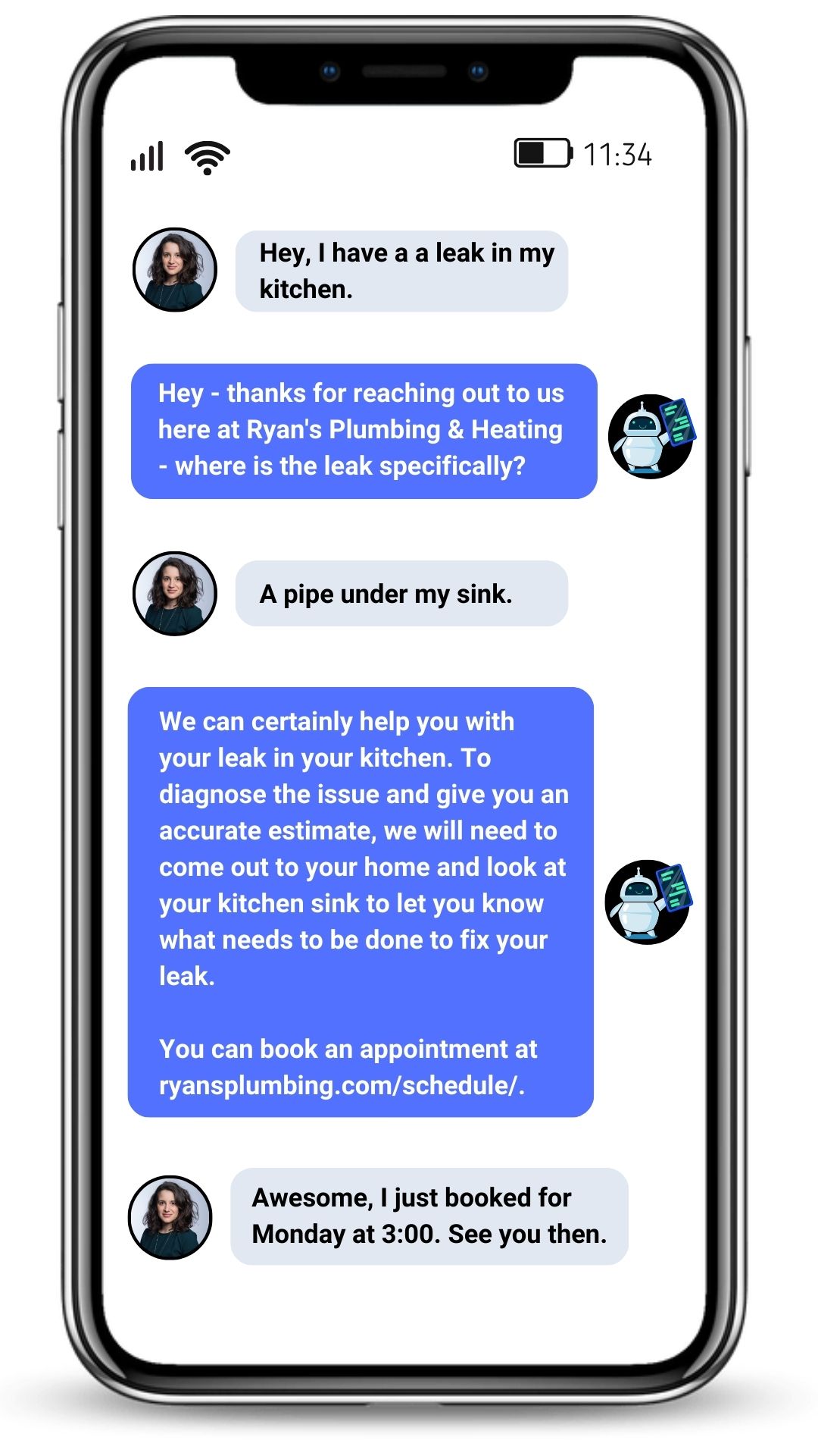 Plumbing & HVAC Grow AI Chat Bot Phone Messages